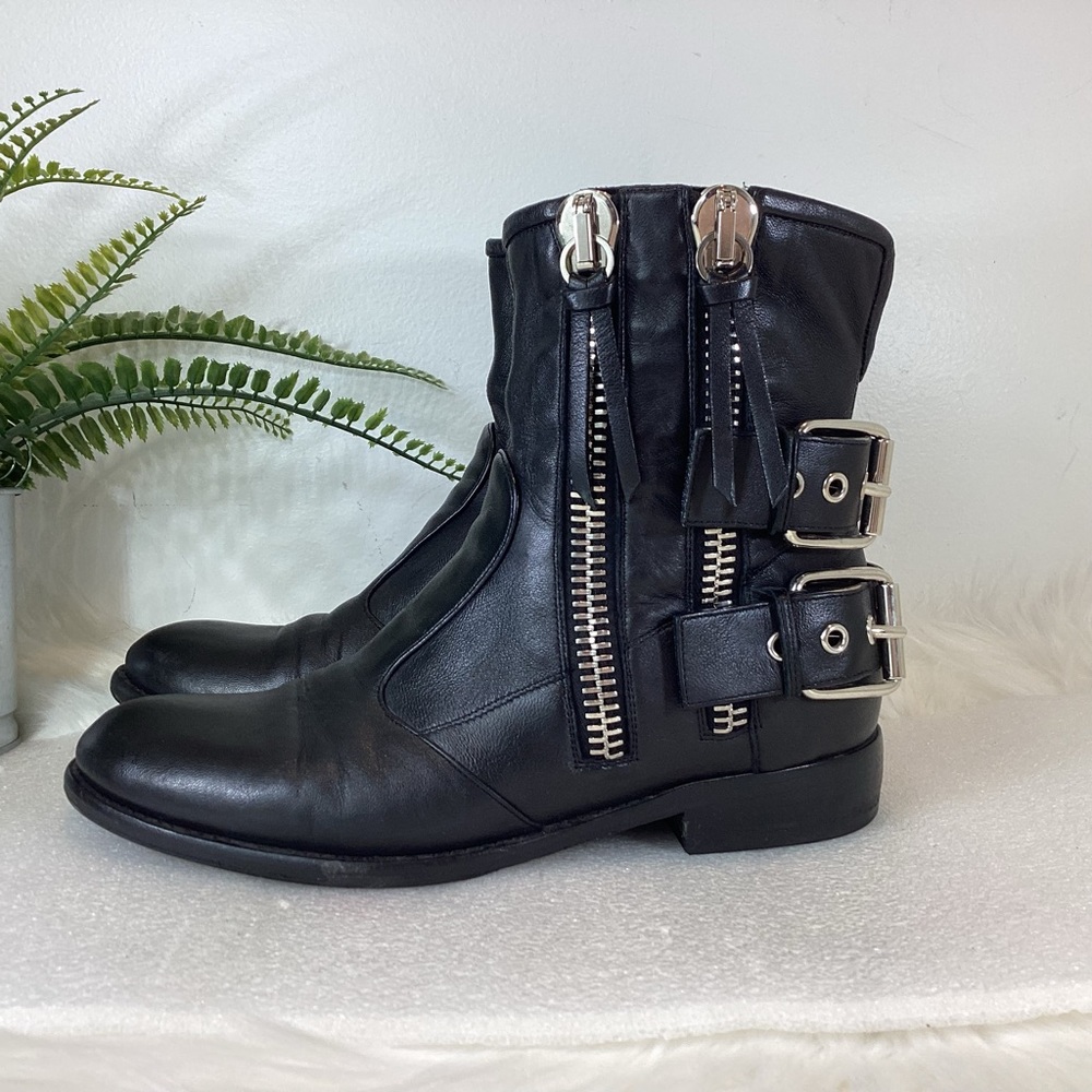 GIUSEPPE ZANOTTI BLACK LEATHER MOTO COMBAT BOOTS ZIPPERS STRAPS EUR 38 US 8